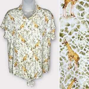 JANE + DELANCEY Giraffe Novelty Print Rayon Tie Front Blouse Size Small